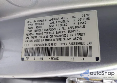 2008 Honda Accord 2.4 Lx z USA, uszkodzony, nr VIN 1HGCP26368A109933